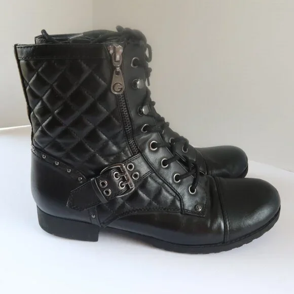 G by Guess Quilted Lace Up Biker Boots Sz 8.5 Black Buckle Grunge Combat Booties - Picture 8 of 14
